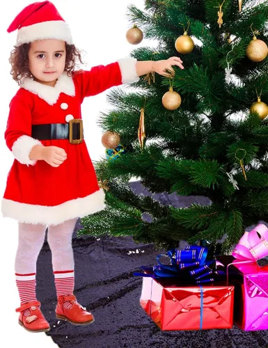 Vista 6 de Falda de árbol de Navidad pequeña de lentejuelas de 24 pulgadas, color negro, para árbol fino de 1.5 pies, decoración de Navidad, faldas de árbol
