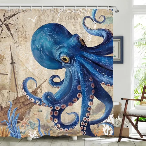Vista 3 de Dazzlewall Cortina de ducha de pulpo, cortina de baño azul náutico, retro, decoración de baño, tela de poliéster impermeable con 12 ganchos, 72 x 72