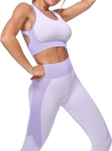 Vista 3 de Veriliss Conjunto de 3 piezas de entrenamiento sin costuras para mujer, gimnasio, deportes, escuela, correr, yoga, ropa deportiva