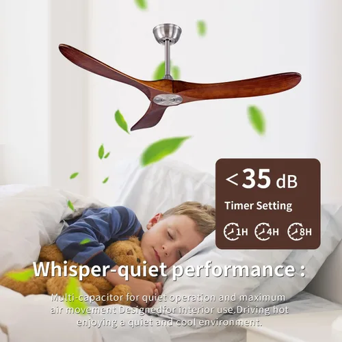Vista 5 de Ventilador de techo de madera para interiores y exteriores de 52 pulgadas, ventilador de techo CC de 3 aspas con control remoto, 2 varillas Cuerpo