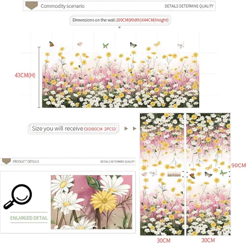 Vista 7 de Calcomanías de pared de flores de margarita, calcomanías de pared extraíbles de mariposa para despegar y pegar, calcomanías de pared florales