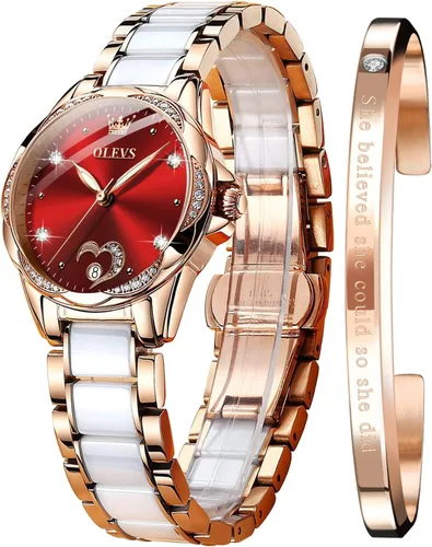Vista 8 de OLEVS Relojes automáticos mecánicos para mujer de cuerda automática, oro rosa, dos tonos, correa de cerámica, esfera de corazón de amor