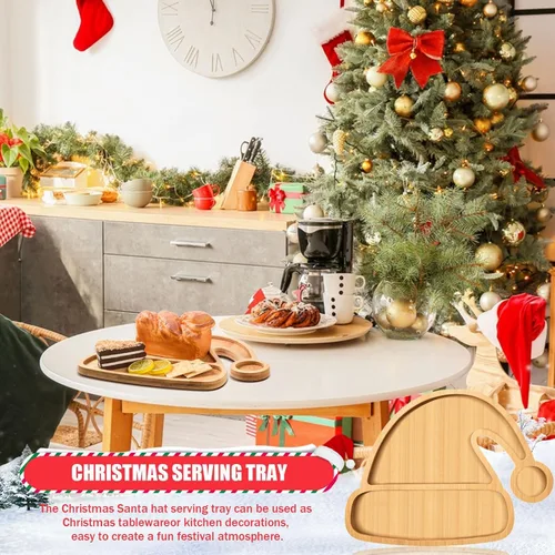 Vista 5 de AWIZOM Bandeja de madera para servir con sombrero de Navidad, plato de bambú con forma de sombrero de Papá Noel, tablero de madera para aperitivos