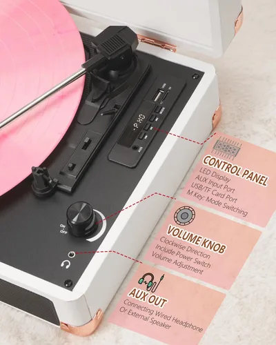Vista 7 de TANALNIN - Tocadiscos de vinilo, tocadiscos portátil de maleta con Bluetooth de 3 velocidades con altavoces integrados, grabación USB, salida RCA