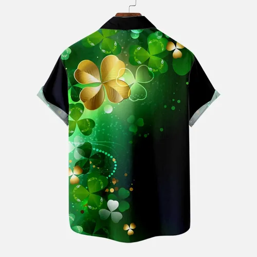 Vista 5 de Camisa de manga corta con botones para el día de San Patricio para hombre, estampado de trébol, camiseta de vacaciones, ajustada, casual, blusa