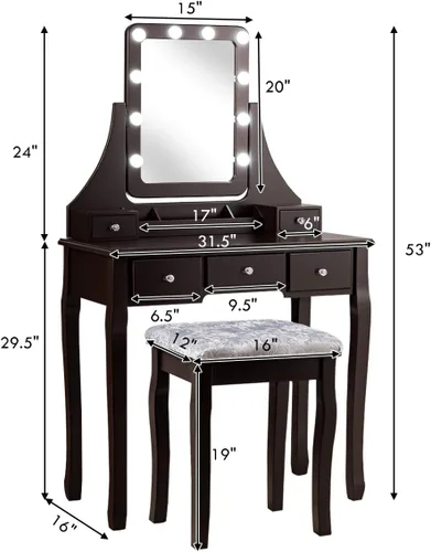 Vista 6 de DORTALA Juego de mesa de tocador con espejo rectangular de 360 grados y taburete acolchado, mesa de maquillaje con 10 bombillas LED regulables