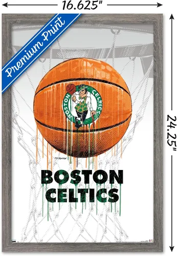 Vista 3 de Trends International NBA Boston Celtics - Póster de pared Drip Ball 20, 14.725 x 22.375 pulgadas, versión enmarcada de madera de granero