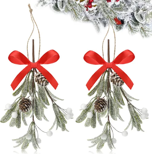 Vista 14 de Giegxin 1 pieza Adorno de Navidad Artificial de Muérdago Colgante con Lazo Rojo Bouquet de Adornos Colgantes de Navidad Floral con Piñas Naturales