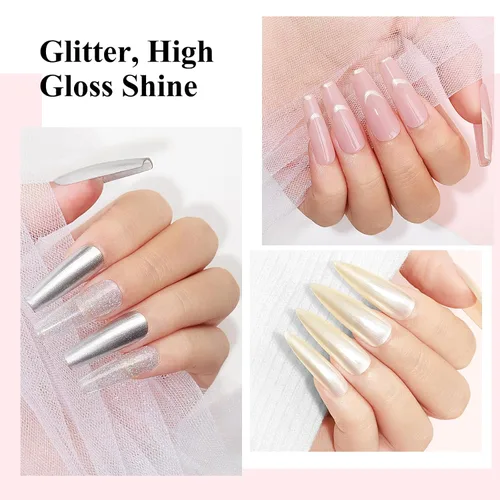 Vista 5 de Juego de esmaltes de uñas regulares de secado rápido, 6 colores plateados con purpurina metálica y esmalte de uñas de gelatina rosa y rojo nude