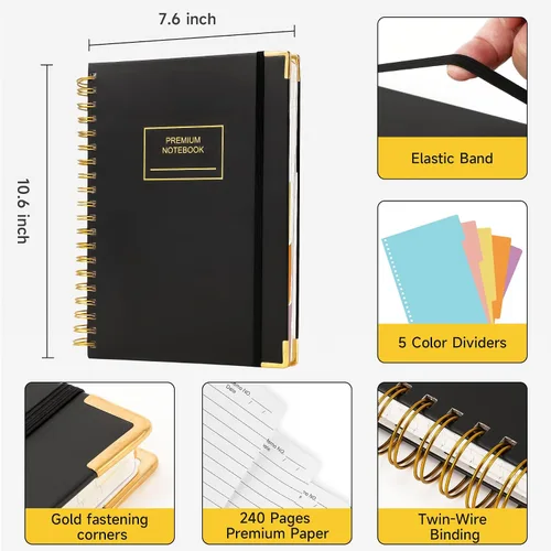 Vista 2 de Huhuhero Cuaderno de 5 materias, 240 páginas rayadas diario en espiral con rayas universitarias, 7.6" x 10.5" B5 cuadernos de tapa dura