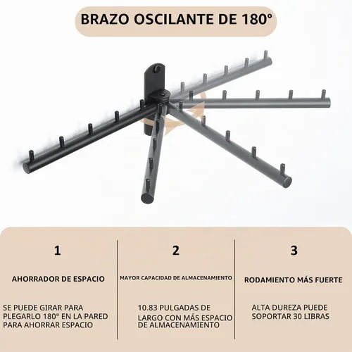 Vista 2 de Mooche - Percha giratoria para ropa, gancho de barra para colgar prendas montado en la pared, estante plegable resistente para secar, sistema