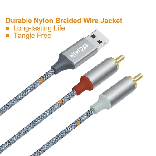 Vista 5 de DCHAV Cable adaptador de audio USB a RCA de 4 pies tipo A a 2 RCA macho 2RCA y divisor en Y, cable trenzado de nailon, interfaz rojo y blanco