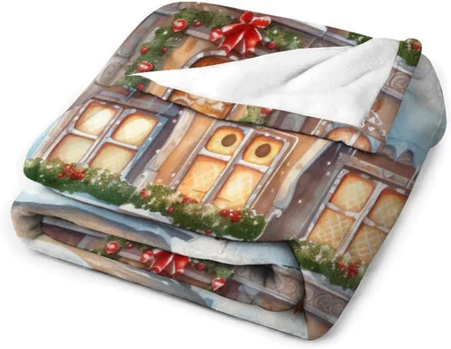 Vista 3 de Mantas suaves y mantas para sofá, casa de Navidad y pan de jengibre, manta de microfibra suave y acogedora manta de microfibra para hombre, casa