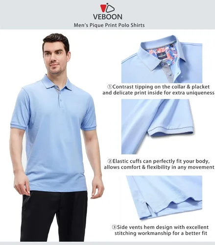 Vista 4 de VEBOON Polo de piqué para hombre de manga corta, mezcla de algodón, cuello casual, para negocios