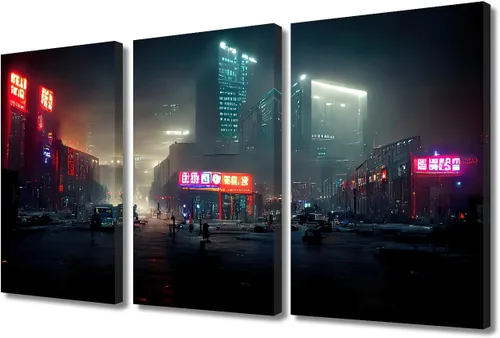 Vista 114 de Arte de pared de 3 piezas de escena de ciencia ficción de la calle comercial futurista paisaje urbano, decoración de pared para dormitorio