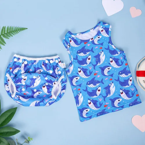 Vista 5 de babygoal Trajes de baño para bebé con pañal de natación de 2 piezas, tankini para niños y niñas de 12 a 36 meses para clases de natación, tiburón