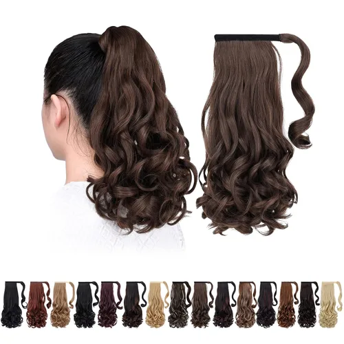 Vista 30 de Extensiones de cola de caballo negras, colas de caballo rizadas con clip, 22 pulgadas, 3.5 onzas, extensión de cabello sintético envolvente del pelo