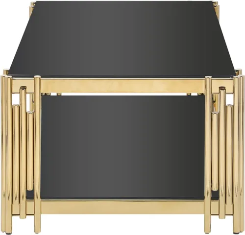 Vista 7 de Mesa de centro moderna de cristal, mesa de centro de sofá de 48 pulgadas con marco de acero inoxidable dorado y parte superior de vidrio negro, mesa