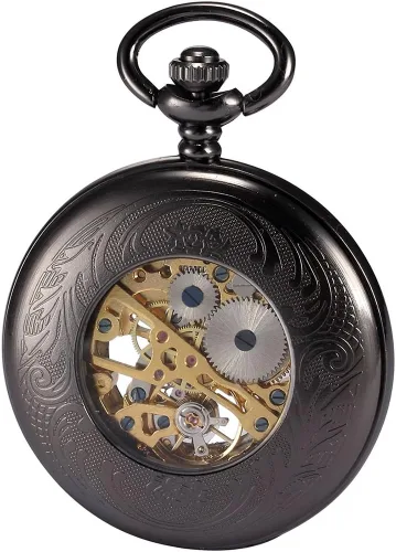 Vista 4 de Steampunk esqueleto mecánico de cobre Fob Retro reloj de bolsillo, Negro -, Mecánico