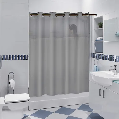 Vista 5 de Cortina de ducha con broches de presión, 70 pulgadas de ancho x 54 pulgadas de alto, cortina de baño de tela de poliéster impermeable con imán