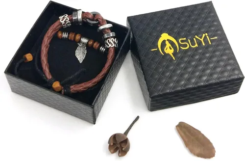 Vista 34 de Suyi brazalete ajustable con varias capas, de cuero tejido trenzado con cruz. Pulsera tipo esclava.