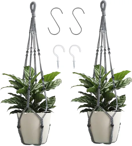 Vista 9 de Colgador de macramé para colgar plantas de interior con cuentas de madera, macetas de macramé sin borlas, para interiores y exteriores, decoración