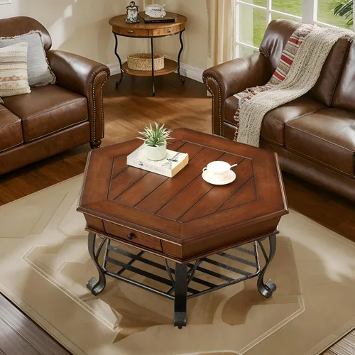 Vista 3 de Mesa de centro de madera hexagonal retro con parte superior de madera, mesa de centro de mediados de siglo de 2 niveles con cajón y patas de metal