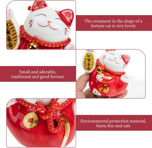 Vista 7 de Tofficu Adorable banco de monedas de cerámica roja de gato de la suerte, decoración de Feng Shui, bonita decoración de habitación, gato chino