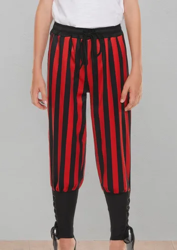 Vista 8 de WISHU Pantalones piratas medievales con bandas de tobillo para niños, disfraz de pirata vikingo renacentista, pantalones de rayas para Halloween