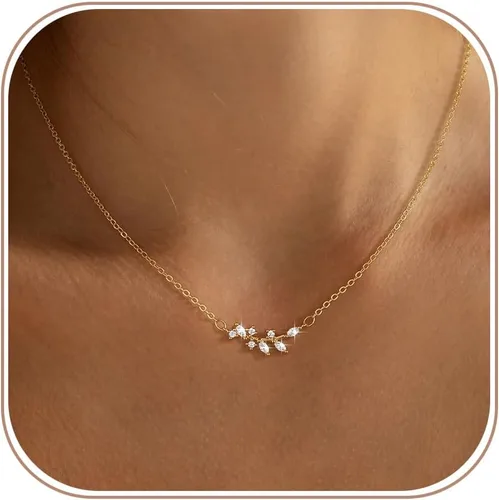 Vista 13 de Ascomy - Collar con dije dorado delicado, chapado en oro de 14 quilates, joyería diaria con dije de hoja con circonia cúbica y corazón pequeño