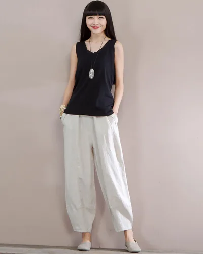 Vista 6 de IXIMO Pantalones 100% lino para mujer, ajuste relajado, farol, recortados, con cintura elástica