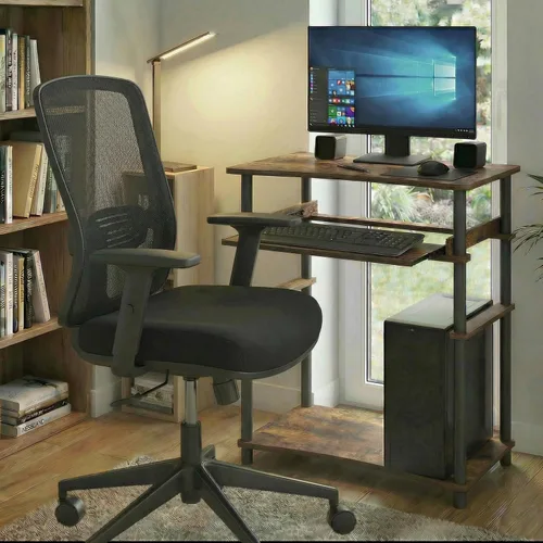 Vista 2 de Furinno Escritorio para el hogar, escritorio para juegos de 23.6 pulgadas de ancho con bandeja para teclado, estante abierto, escritorio para Ámbar