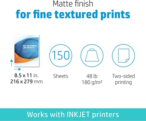 Vista 3 de HP Papel profesional de negocios, mate, 8.5 x 11 pulgadas, 48 libras, 150 hojas, funciona con impresoras de inyección de tinta (CH016A)