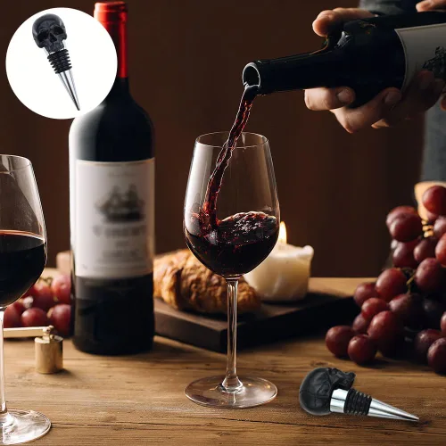 Vista 5 de Tapón de vino con diseño de calavera negra con lazo sellado de goma, accesorios de regalo para bar, boda, banquete, fiesta, vino, champán, amantes