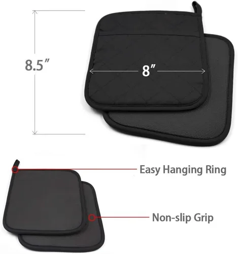 Vista 2 de Juego de 2 almohadillas de algodón y neopreno para horno, agarraderas con bolsillo de 8"x8.5", juego de almohadillas calientes de doble función