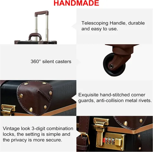 Vista 3 de urecity Juego de 2 maletas vintage, maleta retro con ruedas para hombres y mujeres, lindo juego de equipaje de viaje de diseñador con bolsa