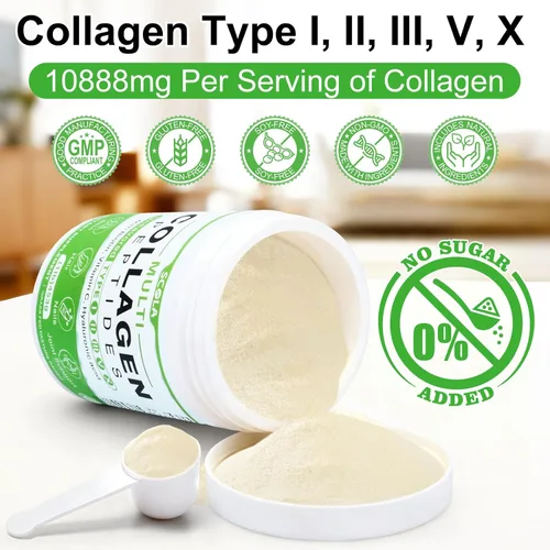 Vista 3 de SCOLA Péptidos de colágeno en polvo - Tipo I, II, III, V, X - Péptidos de colágeno hidrolizados con vitamina C ácido hialurónico, apoya la piel