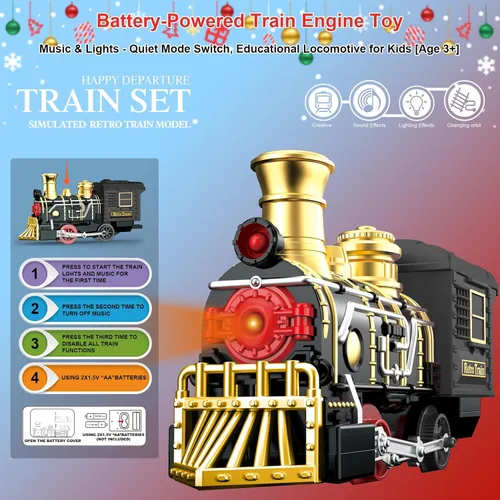 Vista 2 de Juego de tren eléctrico con pistas elevadas 3D, música, locomotora, vagones de pasajeros, luces y modo silencioso, tren de Navidad para niños