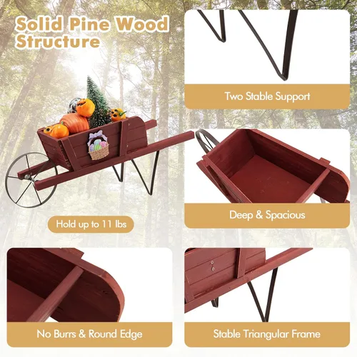 Vista 4 de HAPPYGRILL Planta de carro de carretilla, maceta pequeña de madera de pino maciza con soporte de metal triangular, 2 asas de ahorro de energía