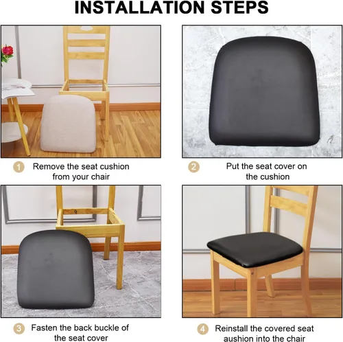 Vista 5 de Fundas elásticas de cuero para asientos de silla con lazos elásticos, fundas impermeables de cuero PU para asientos de silla de comedor, fundas