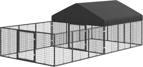 Vista 5 de Caseta de perro para exterior con valla para perros pequeños y medianos, recubrimiento antióxido, jaula con techo, resistente a todas