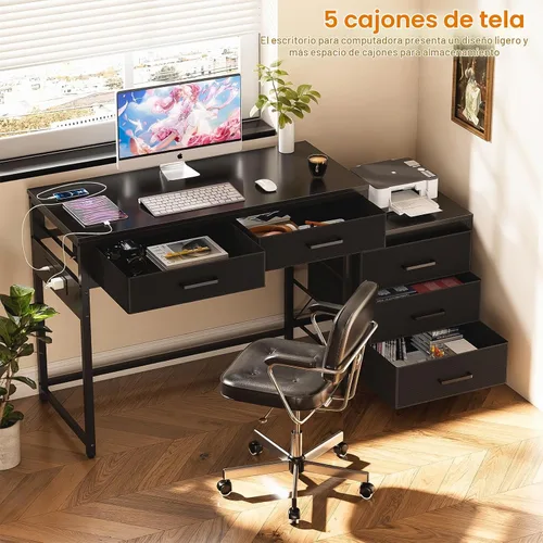 Vista 8 de Unikito Escritorio de computadora reversible con 5 cajones, escritorio de oficina resistente con tomas de corriente y puertos USB, mesa de escritura