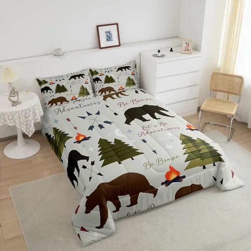 Vista 4 de Juego de ropa de cama Happy Camping de Homewish, tamaño individual, con diseño de osos cazadores y pinos, para niños, hombres, adultos, decoración