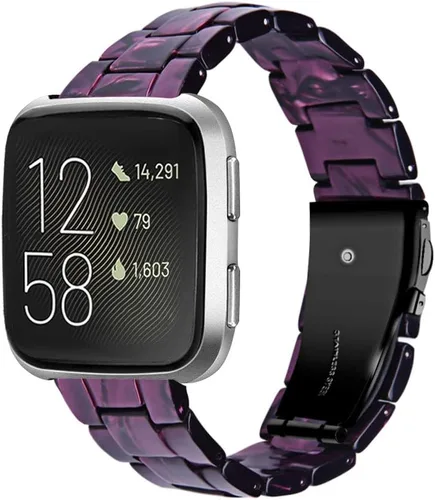 Vista 9 de Pulsera de resina compatible con Fitbit Versa 2/Versa Lite/Versa Band para mujer, correa de pulsera de repuesto de metal con hebilla de acero Azul