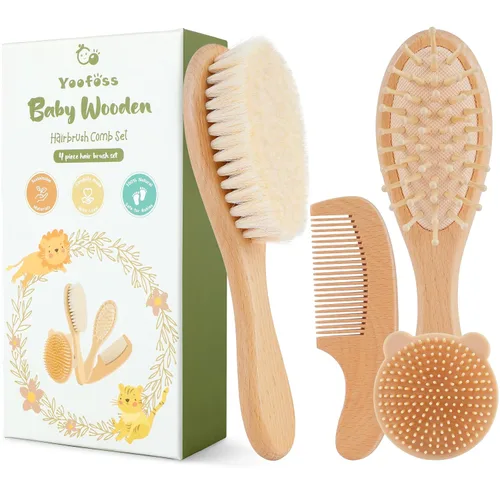Vista 9 de Yoofoss Juego de 4 cepillos y peine para el pelo del bebé, cepillo de madera para el pelo del bebé con pelo de cabra ultra suave natural, juego