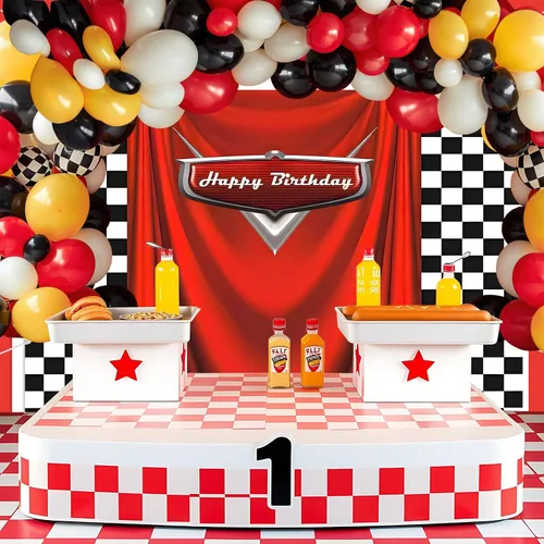 Vista 4 de Fondo de cumpleaños de coche con bandera de carreras, 5 x 3 pies, fondo de fotos de carreras a cuadros duradero para decoraciones de cumpleaños