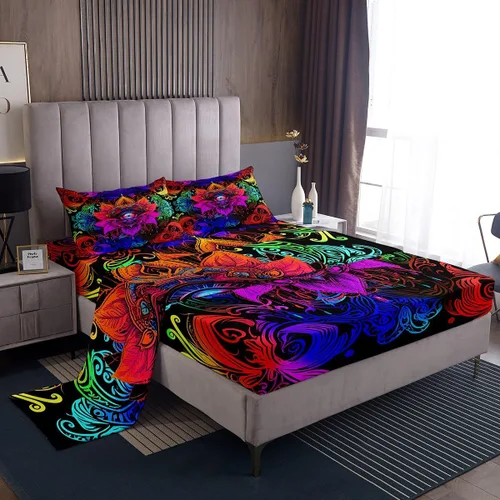 Vista 42 de Erosebridal Juego de sábanas tamaño individual con estampado de luna, diseño de flores de loto, color morado degradado, juego de sábanas orientales