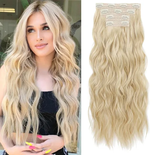 Vista 25 de REECHO Extensiones de cabello con pinza, 4 piezas de extensiones de cabello rubio de 24" de largo, ondas de playa gruesas, HE003, trama de encaje