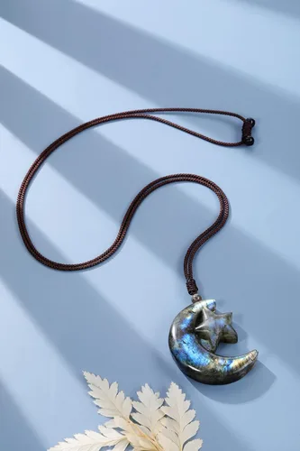 Vista 5 de Jovivi Collar de cristal de labradorita para hombres y mujeres, piedra preciosa natural tallada búho nueve colas zorro curativo piedra curativa