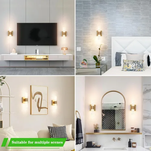 Vista 4 de Juego de 2 apliques de pared LED de cristal, lámparas de baño de oro cepillado, modernas luces de baño con LED con cable para dormitorio, sala